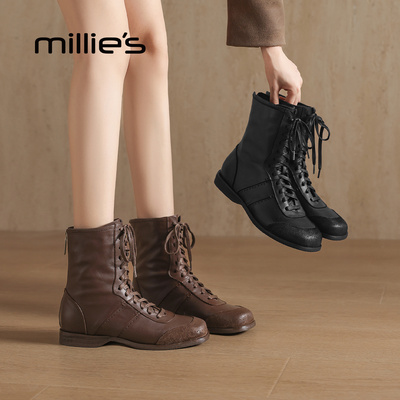 MILLIE S/妙丽方头中跟短靴女冬季复古皮带扣套筒英伦显瘦西部靴