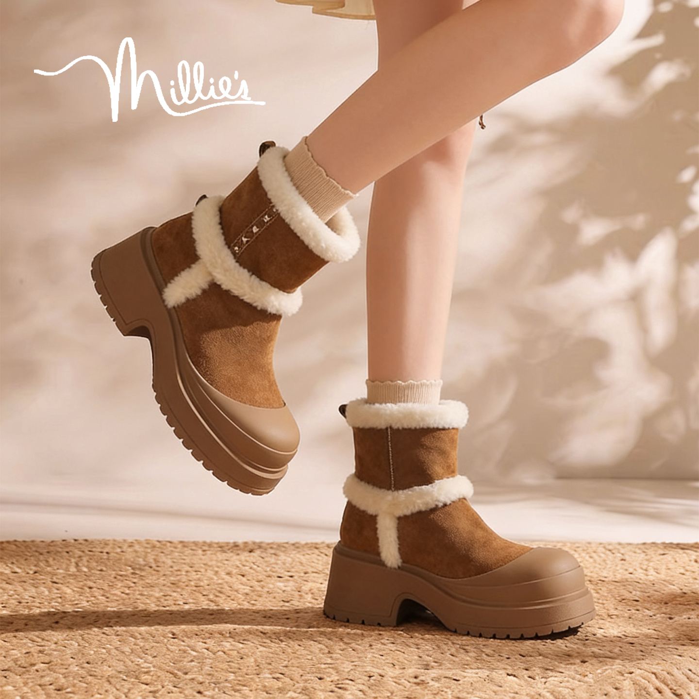MILLIE'S/妙丽羊皮毛一体雪地靴2025冬季新款厚底加绒保暖毛毛靴