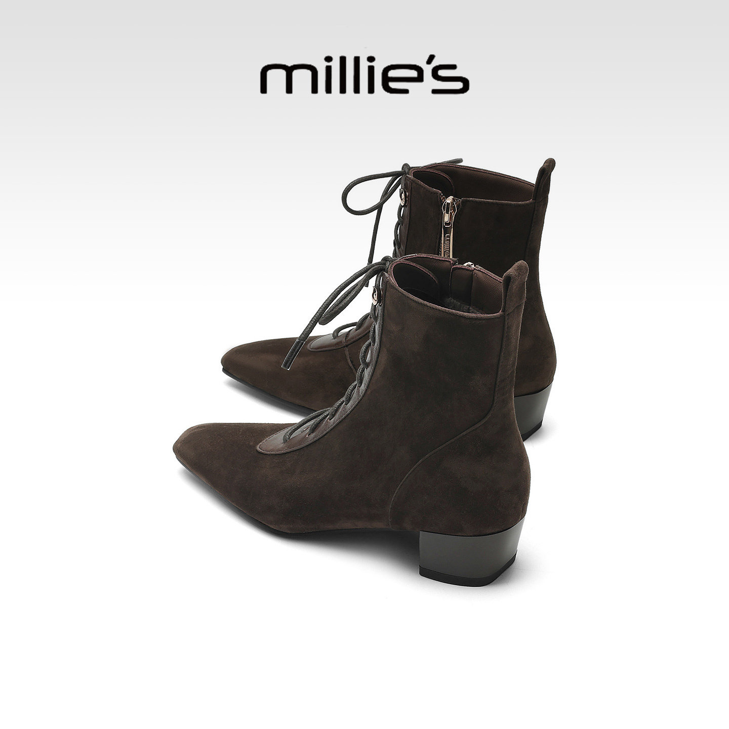 MILLIE'S/妙丽法式复古高跟短靴女2026新款冬季加绒粗跟马丁靴子