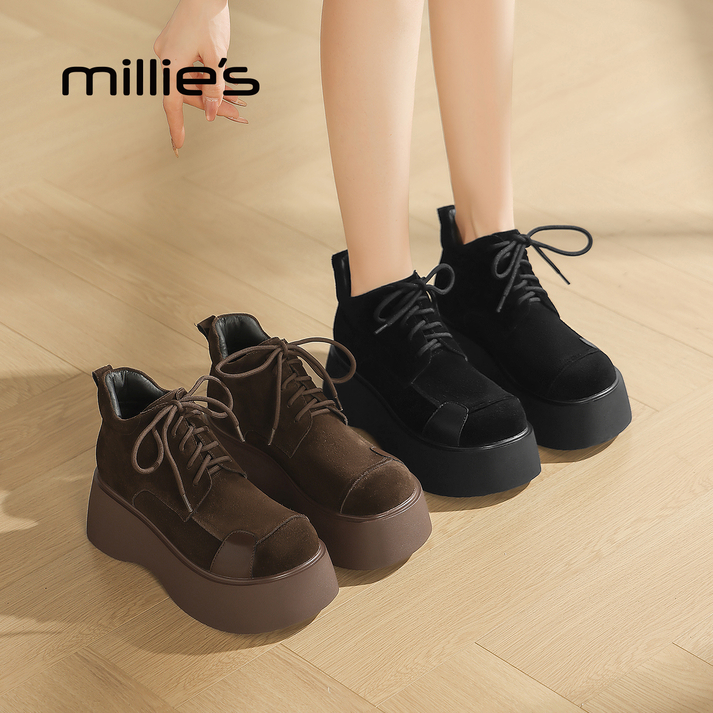 MILLIE'S/妙丽乐福鞋女2025新款秋冬百搭增高勃肯鞋低帮短靴子