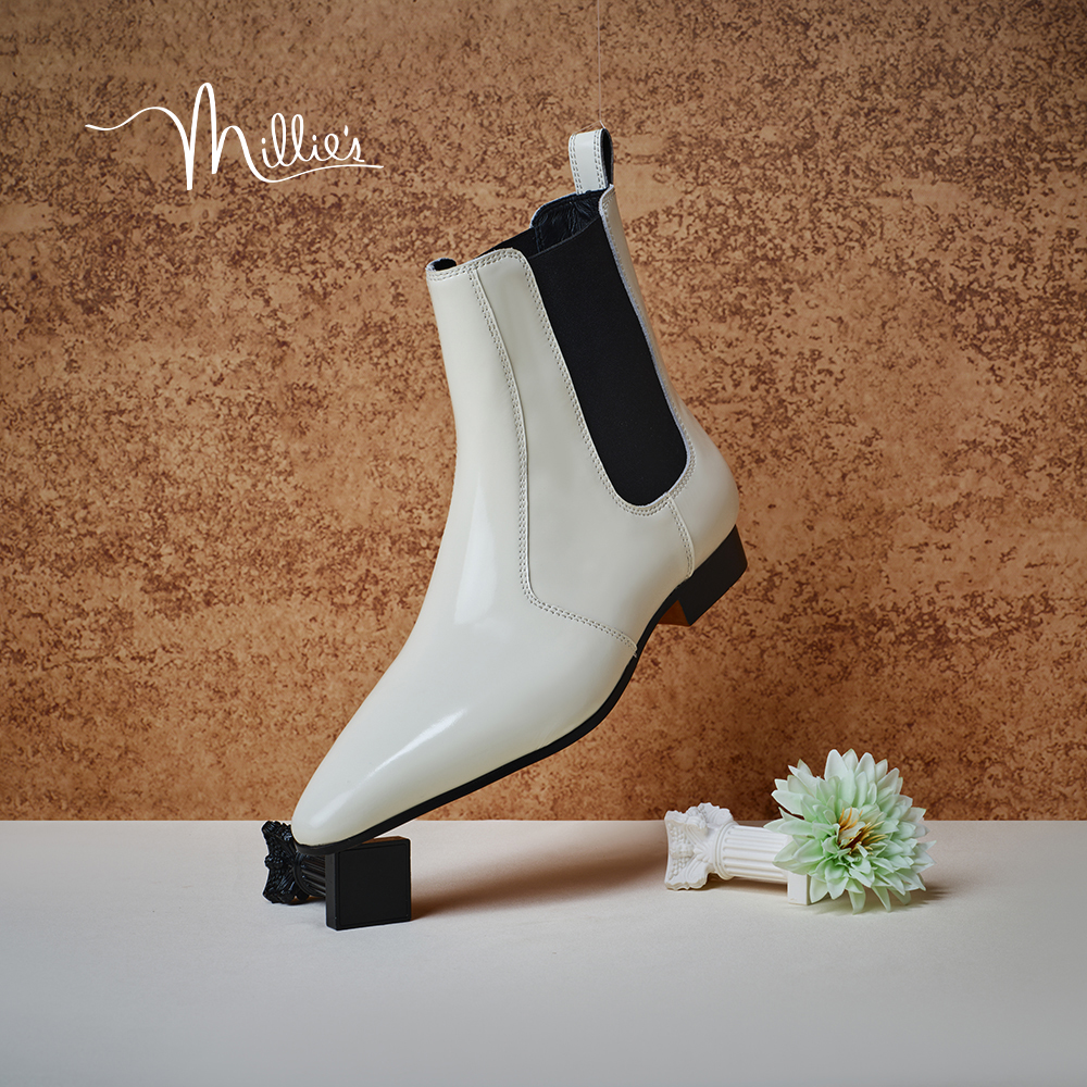 MILLIE'S/妙丽官方旗舰店女鞋2025秋冬靴子切尔西靴尖头白色短靴