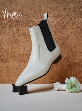 MILLIE'S/妙丽官方旗舰店女鞋2025秋冬靴子切尔西靴尖头白色短靴