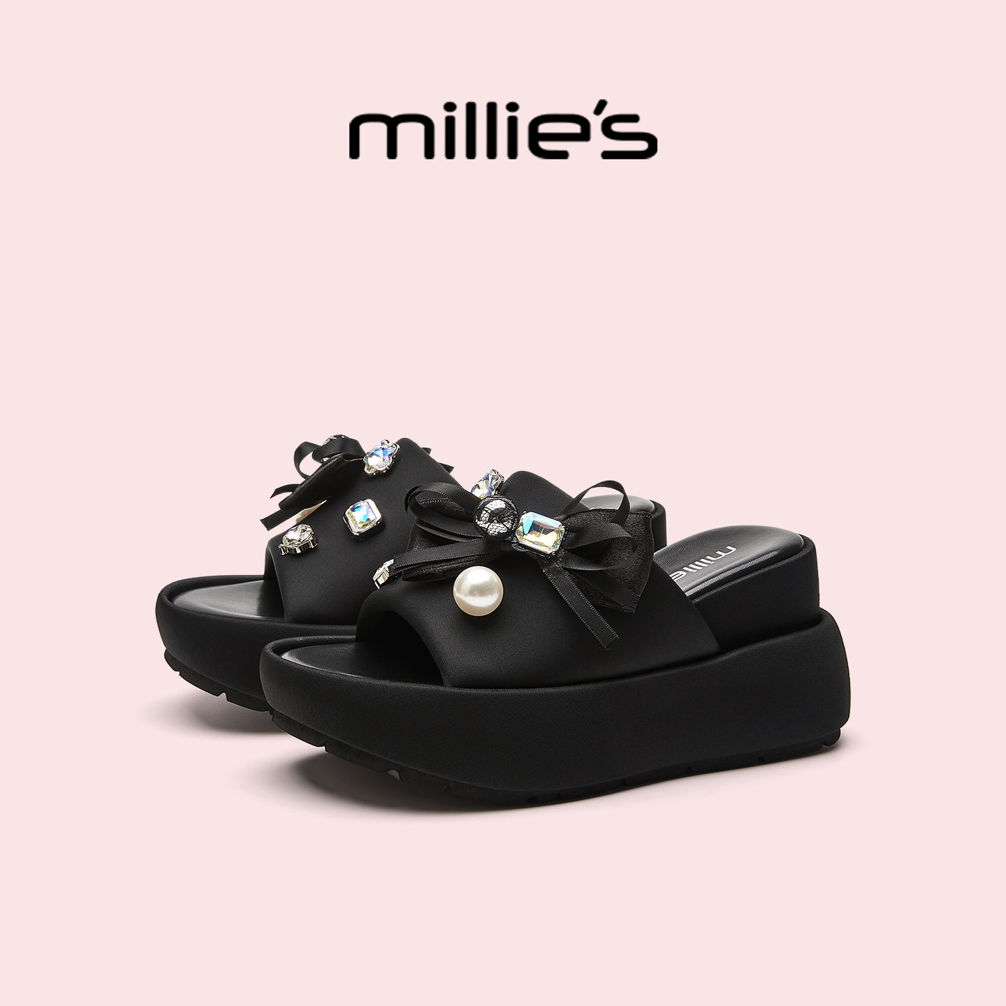 MILLIE'S/妙丽厚底黑色拖鞋女2026新款夏季外穿松糕百搭软底凉拖