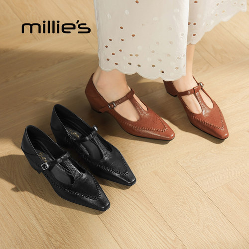 millies妙丽女鞋玛丽珍鞋T字带浅口复古单鞋2026秋新款粗跟女鞋Z