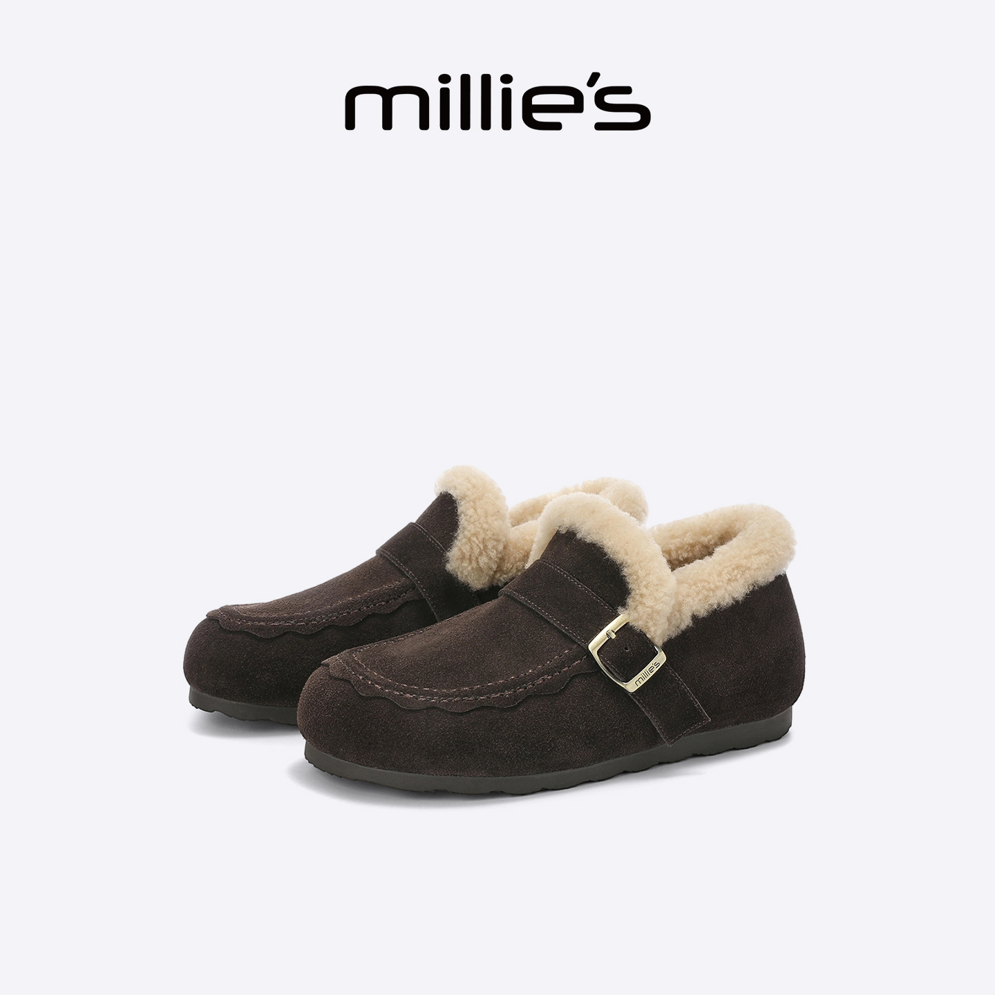 MILLIE'S/妙丽反绒皮豆豆勃肯鞋女毛绒保暖皮带扣乐福鞋软木鞋