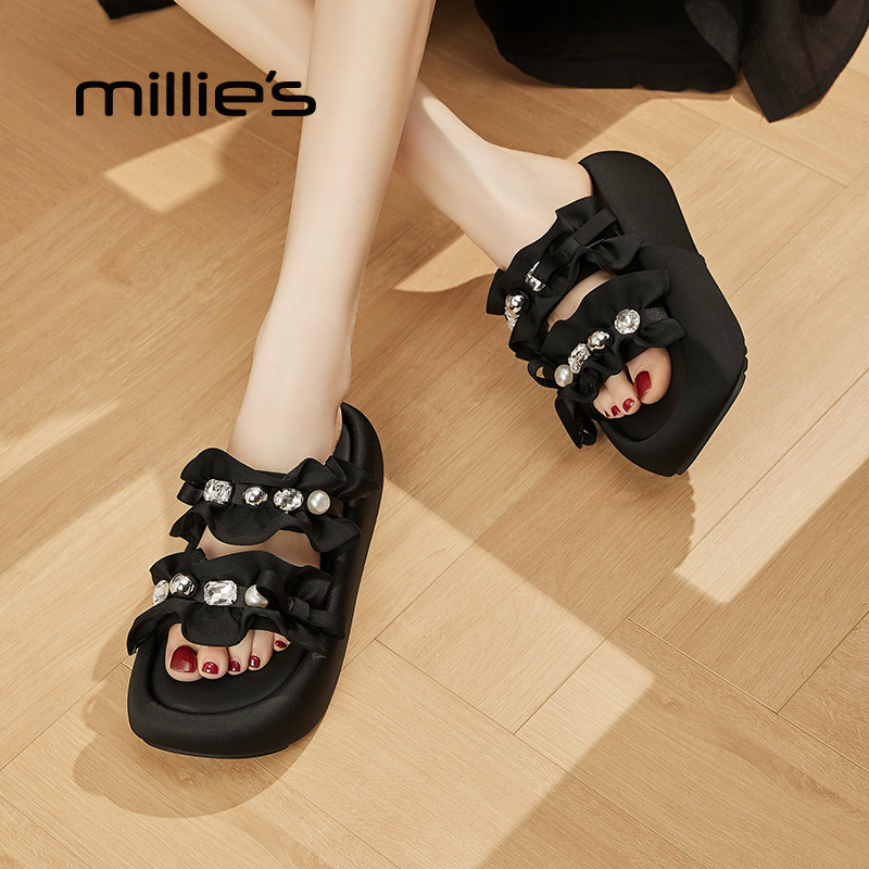 MILLIE'S/妙丽黑色水钻一字拖女厚底增高蝴蝶结凉拖鞋舒适不累脚