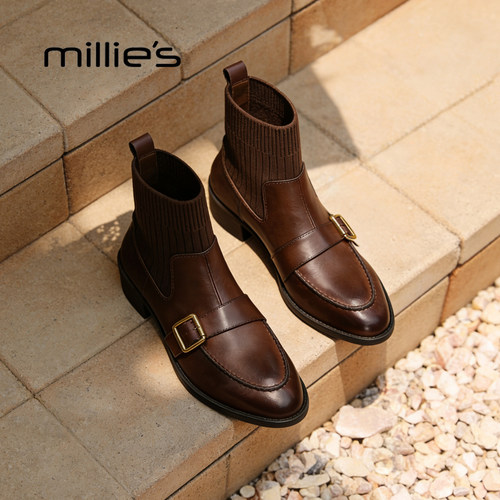 millies妙丽棕色针织袜靴女靴