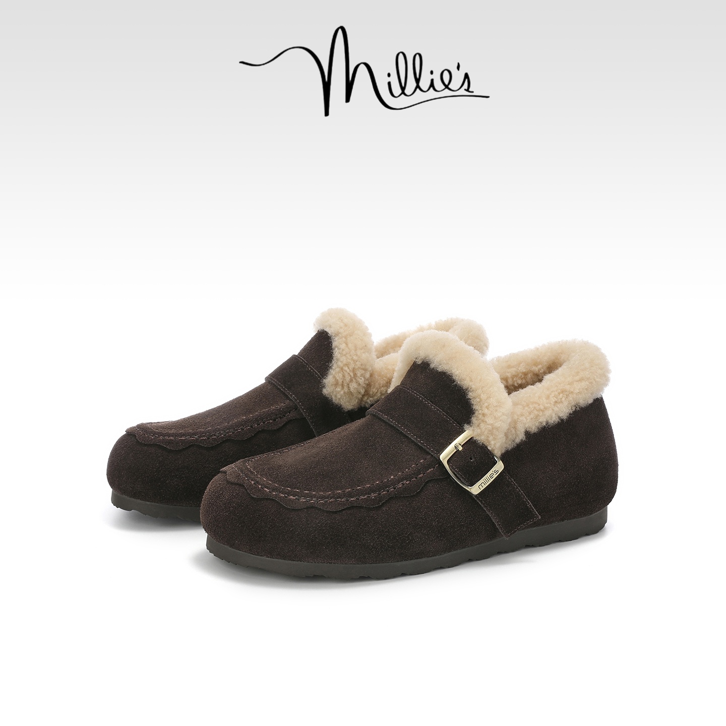 MILLIE'S/妙丽反绒皮豆豆勃肯鞋女毛绒保暖皮带扣乐福鞋软木鞋