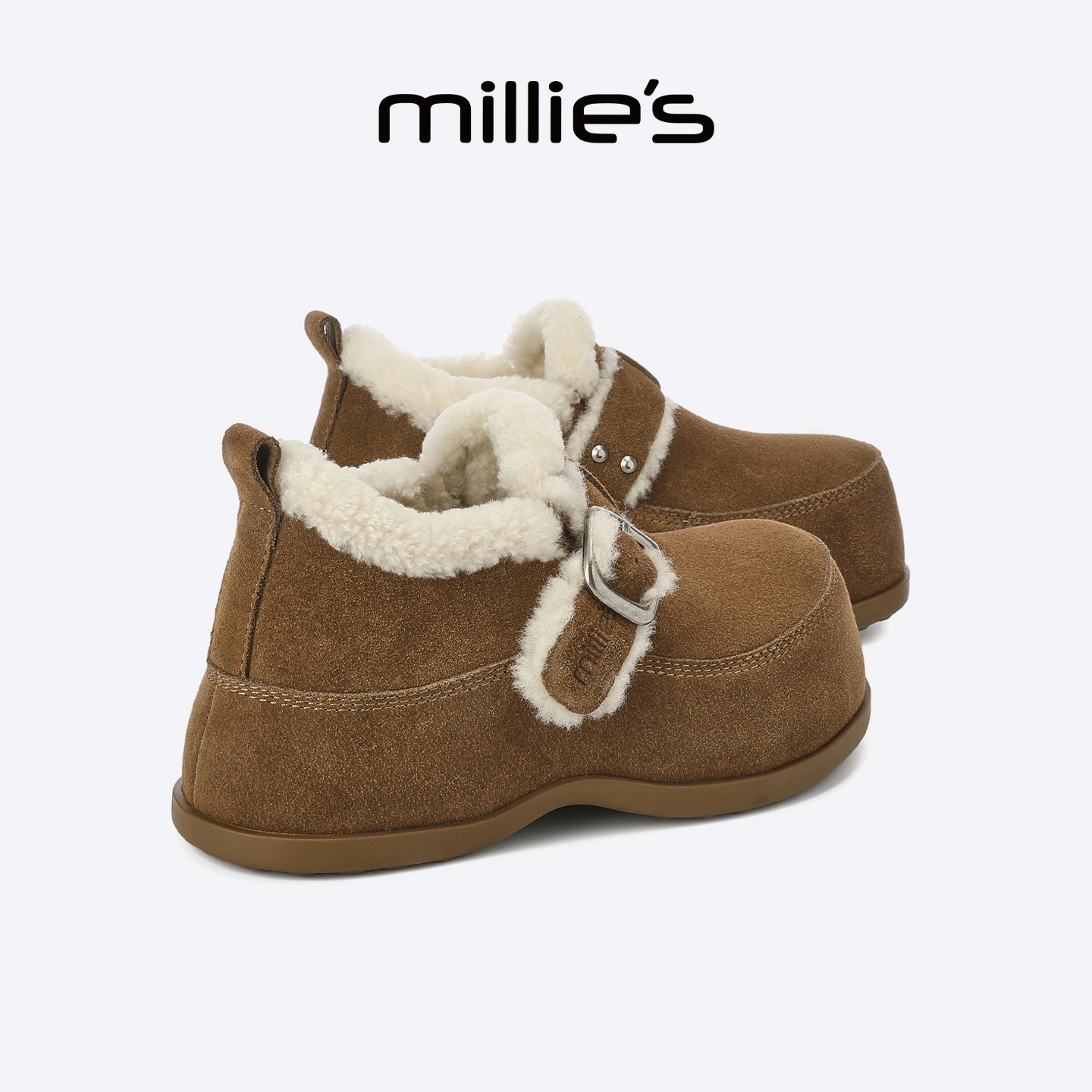 MILLIE'S/妙丽加绒女鞋保暖毛毛鞋麂皮休闲鞋冬季厚底勃肯鞋棉鞋