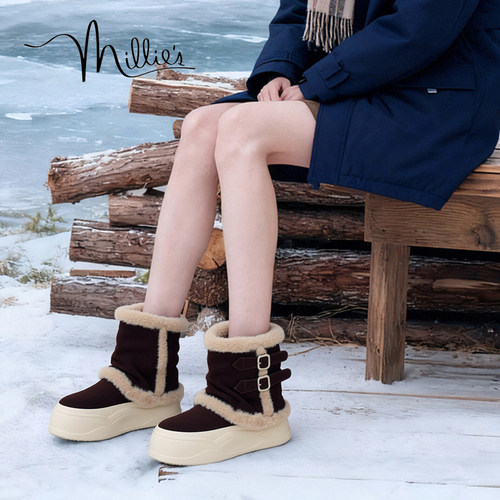 MILLIE'S/妙丽毛绒雪地靴女冬季加绒保暖双扣带中筒靴堆堆靴棉靴