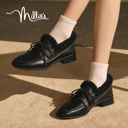 MILLIE'S/妙丽真皮加绒乐福鞋女2025新款皮毛一体保暖豆豆鞋