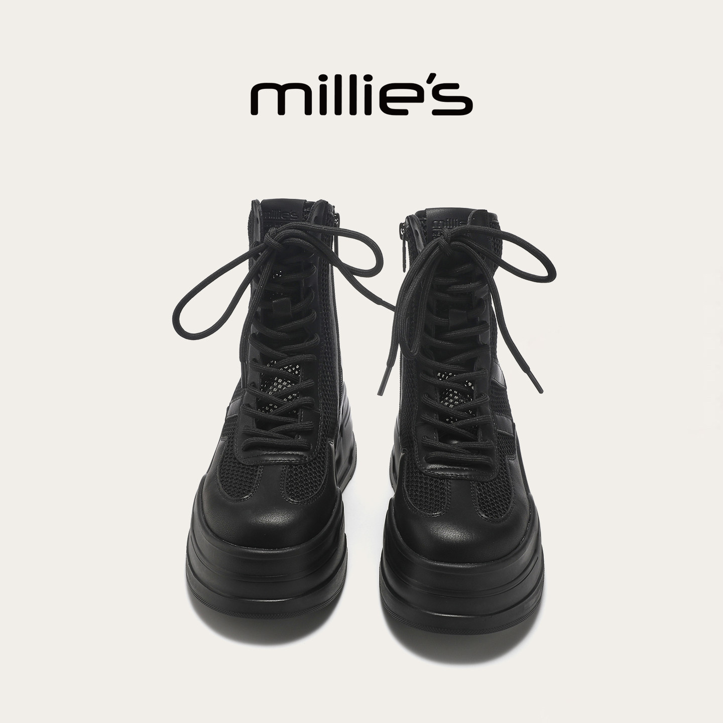 MILLIE'S/妙丽网面透气厚底马丁靴女款2026新款系带增高户外短靴