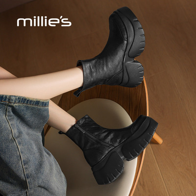 MILLIE S/妙丽厚底时装靴女冬季加绒保暖增高短靴圆头英伦风靴子