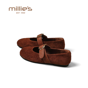 妙丽真皮复古红色玛丽珍鞋女款2026春季新款配裙子反绒绝美小皮鞋