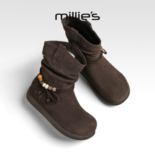冬季 MILLIE 女新款 妙丽加绒勃肯棉鞋 一脚蹬皮毛一体短筒雪地靴