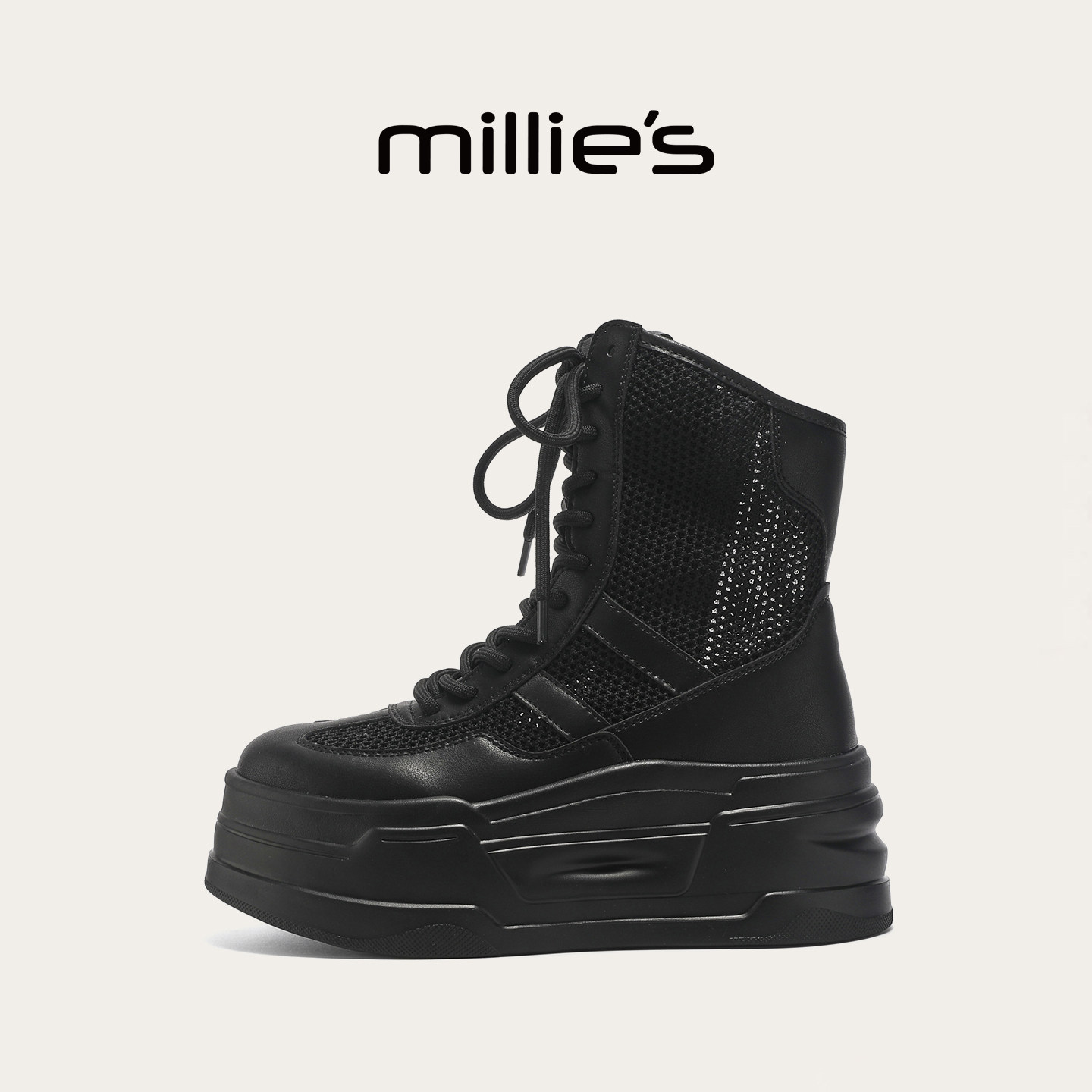 MILLIE'S/妙丽黑色网面透气厚底马丁靴女款2026新款增高户外短靴