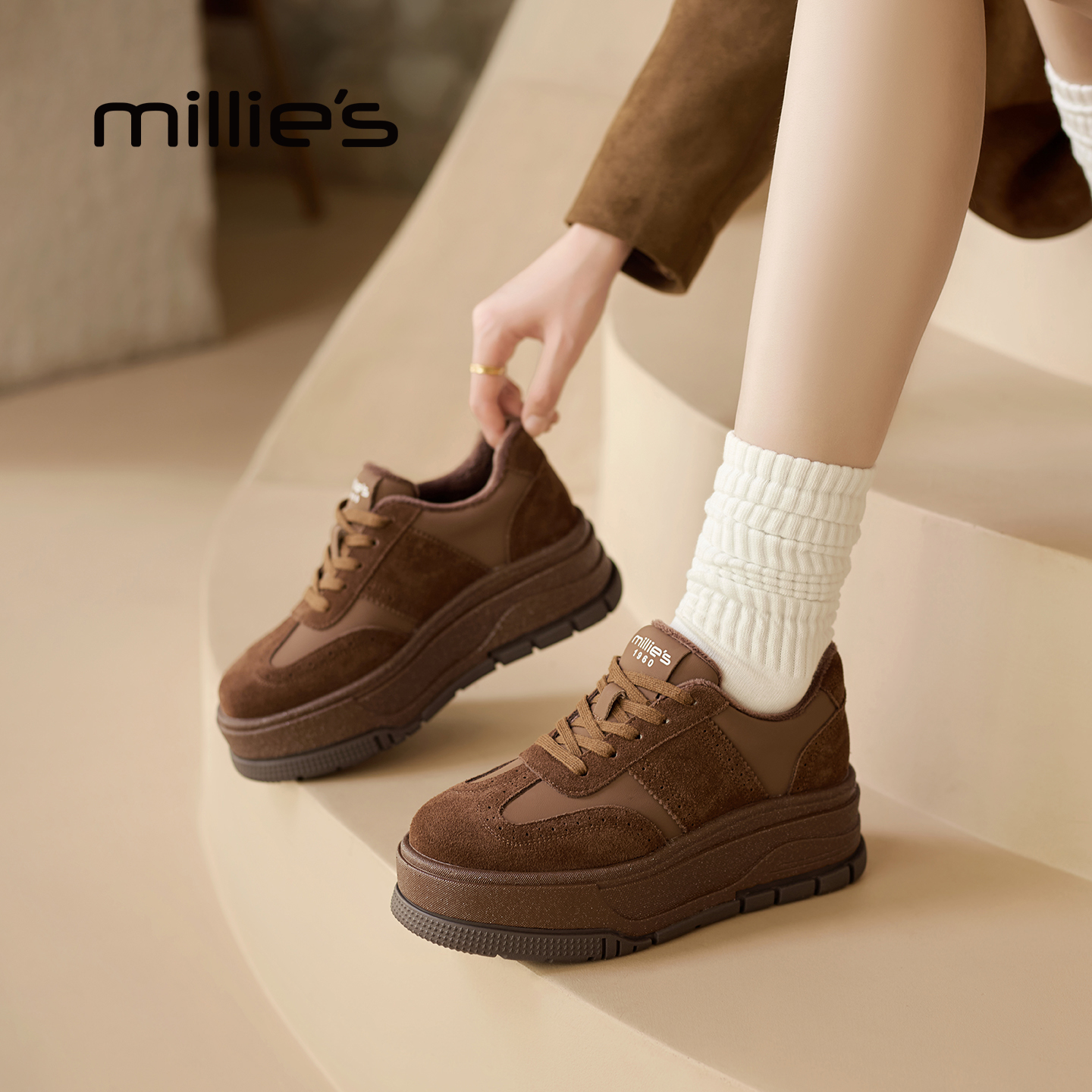 妙丽厚底增高加绒德训鞋