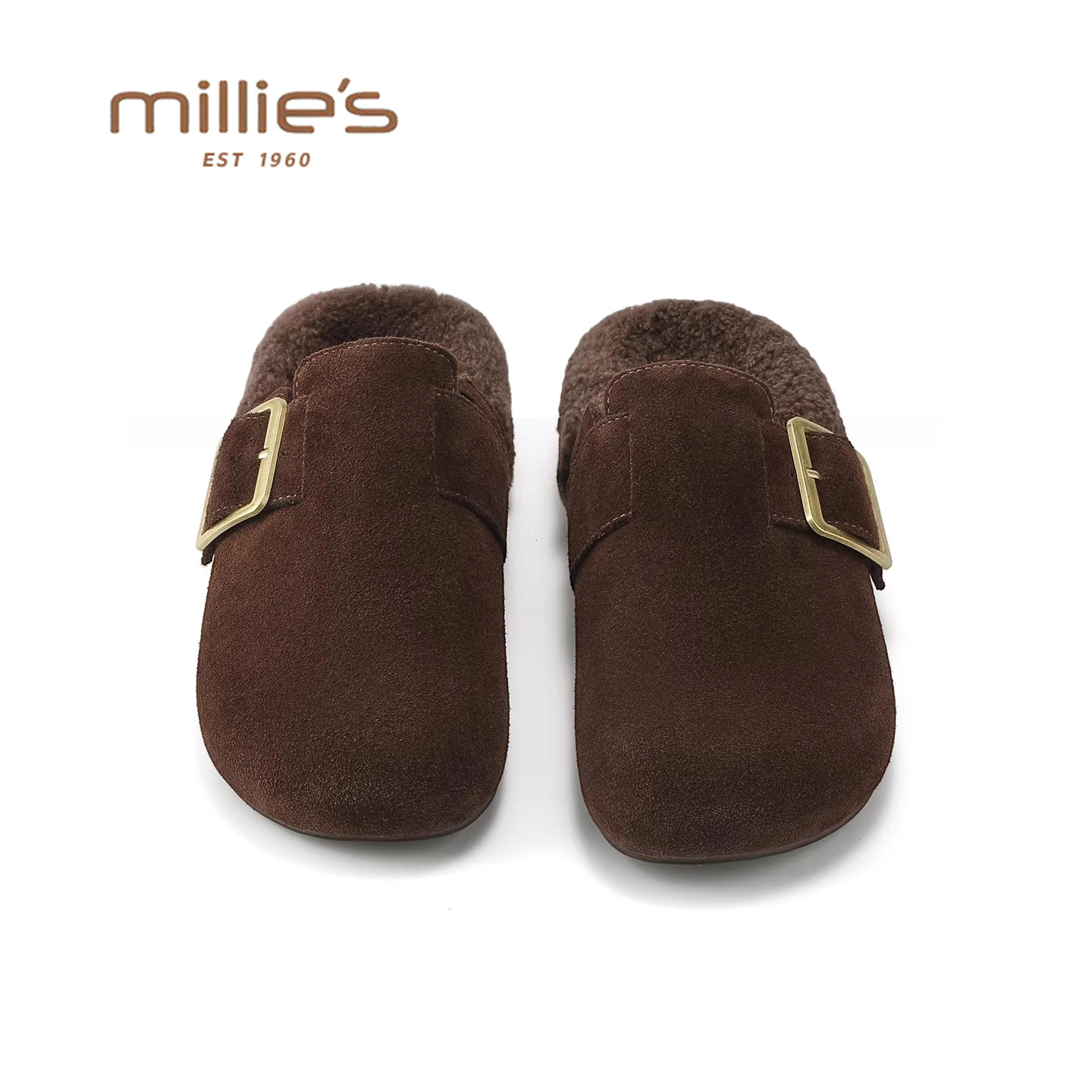 MILLIE'S/妙丽加绒勃肯鞋女秋冬新款包头拖鞋金属扣反绒皮毛毛鞋Z