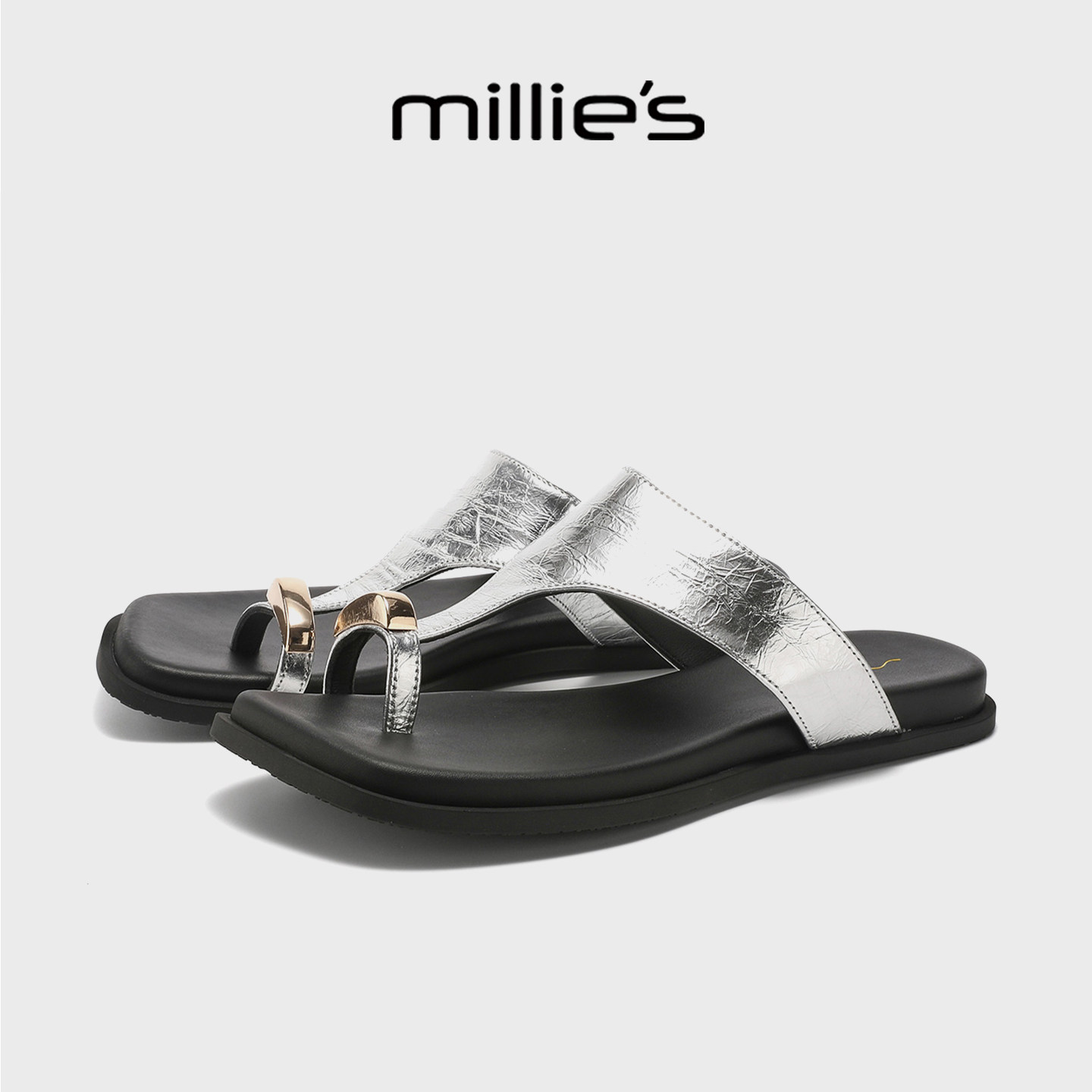 MILLIE'S/妙丽银色T字夹趾凉拖女夏外穿人字拖休闲沙滩套趾凉拖鞋