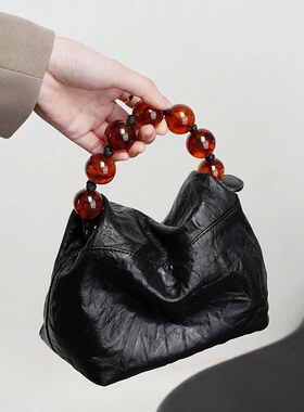 新中式珠子包个性小众头层牛皮包包女手抓纹饭盒包串珠手提斜跨包