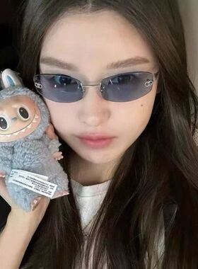 Jennie同款墨镜欧美辣妹风无边框蓝色太阳眼镜y2k高级感中古女潮