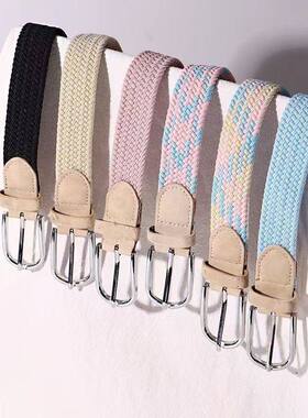 多巴胺拼色帆布腰带女百搭牛仔裤免打孔松紧弹力针扣学生腰带