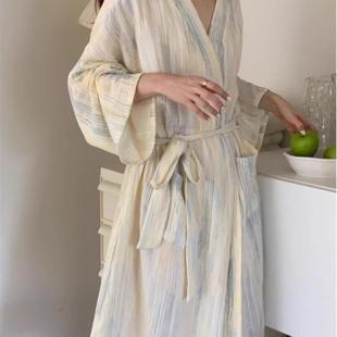 V领宽松休闲气质浴袍可外穿睡衣 日系慵懒风油画条纹睡袍女春秋款