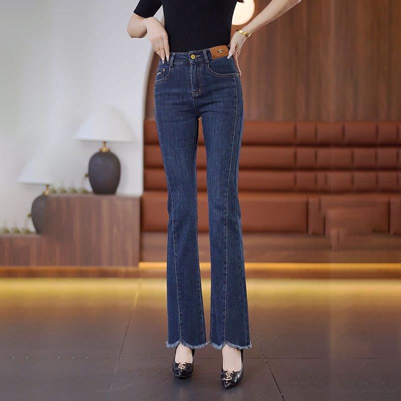 微喇牛仔裤女高腰松紧腰春秋季弹力修身显瘦小个子九分马蹄喇叭裤