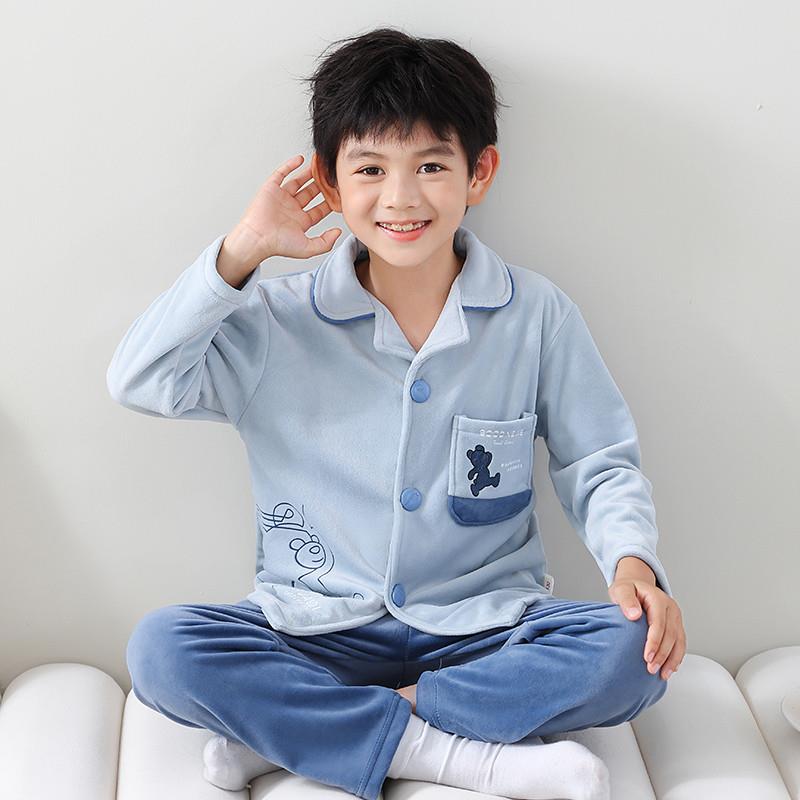男童海岛绒睡衣儿童薄绒家居服2024秋冬新款大童珊瑚绒法兰绒套装