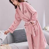 长家装 羊毛衬里加厚珊瑚绒浴袍女式 秋冬法兰绒睡衣套 睡衣冬季 女式