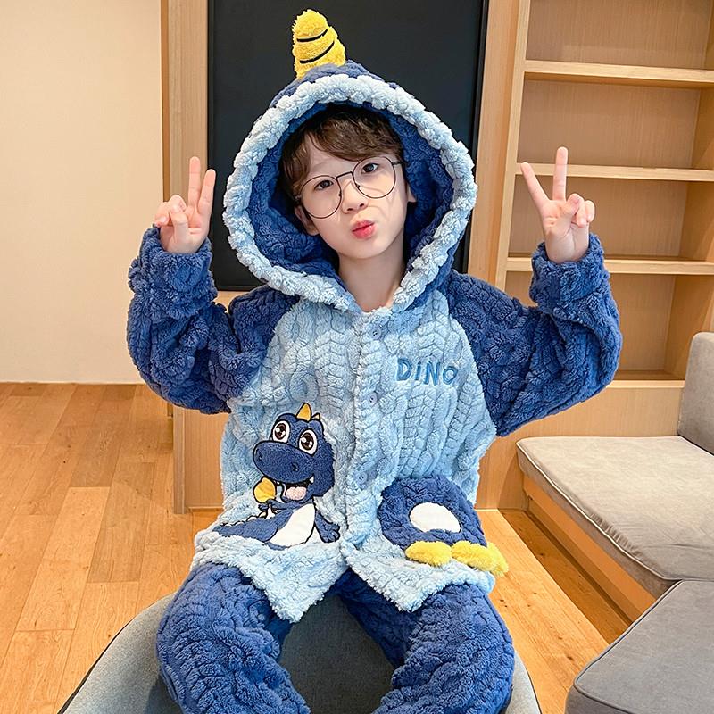 儿童睡衣男孩2024新款秋冬珊瑚绒卡通恐龙加绒加厚法兰绒男童套装