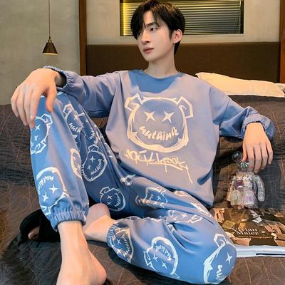 男士睡衣长袖纯棉春秋大码青少年学生大童男款四季通用家居服套装