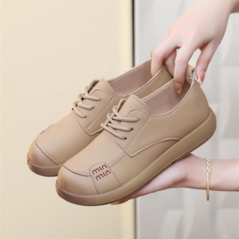 中老年妈妈鞋平底系带休闲皮鞋2025秋季新款软底女单鞋厨房工作鞋
