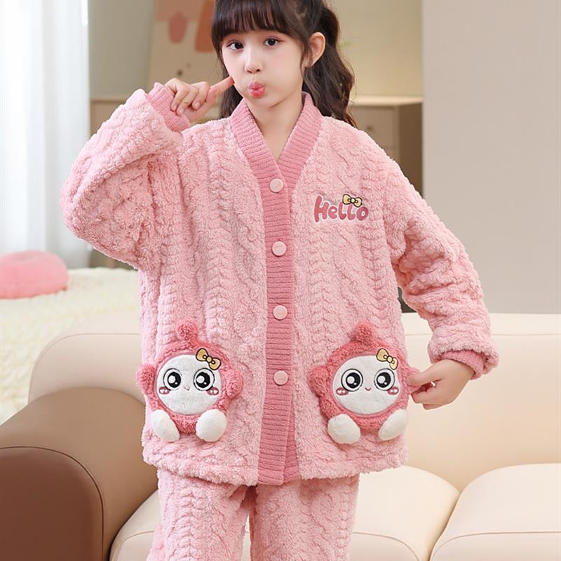 儿童睡衣珊瑚绒秋冬季保暖女童可爱卡通蛋仔女孩法兰绒加厚家居服