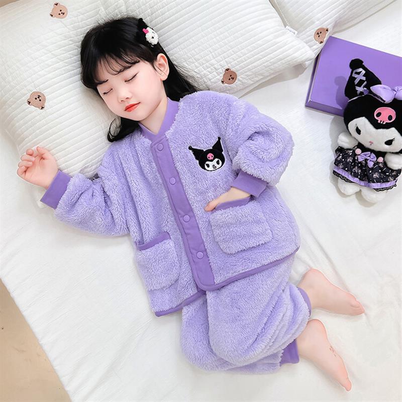 儿童冬天2024法兰绒开衫睡衣套装3女孩珊瑚绒1-6岁加厚公主家居服