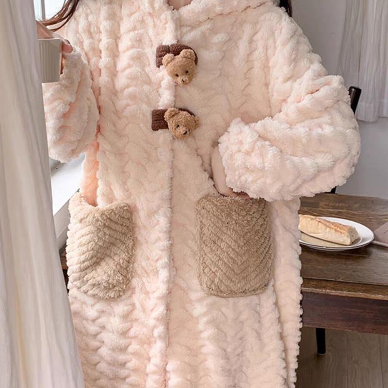 睡袍女2025新款秋冬季珊瑚绒加厚连帽浴袍长款睡衣女家居服款睡裙