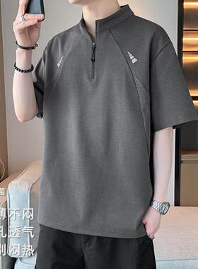 M-8XL大码 拉链领T恤短袖男青少年潮流五分袖初高中学生夏季衣服
