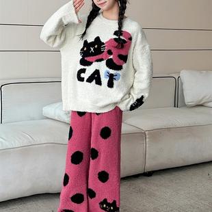 半边绒睡衣女童冬季加厚加绒珊瑚绒可爱小猫女孩家居服套装可外穿