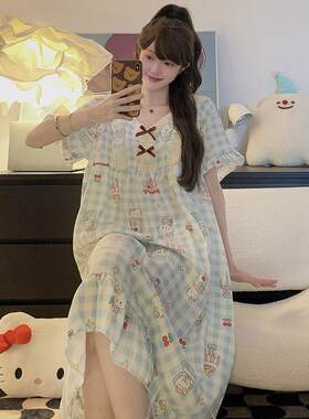 可爱HelloKitty睡衣女短袖纯棉夏季中长款睡裙大码女装孕妇连衣裙