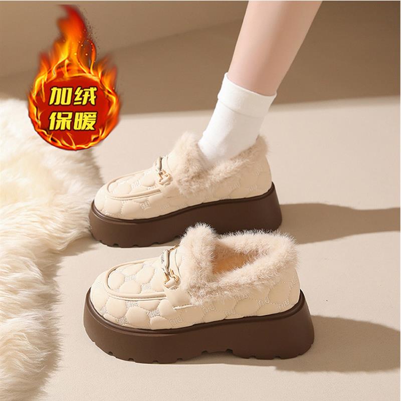 加绒厚底乐福鞋女冬季保暖一脚蹬棉鞋防滑增高配裙子抗寒时尚单鞋