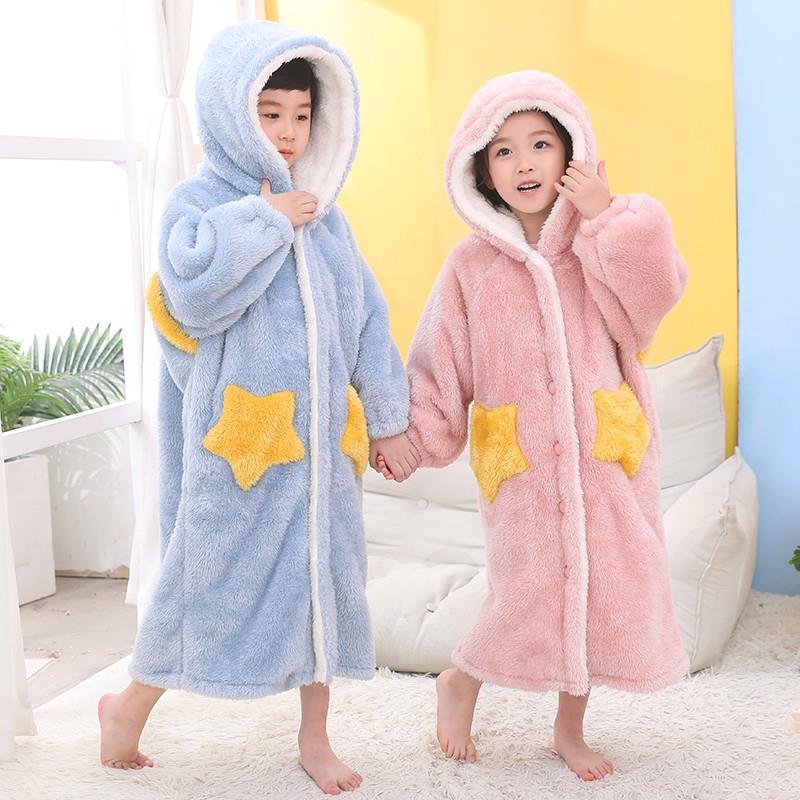 儿童睡袍秋冬季男童女童法兰绒浴袍珊瑚绒长款睡衣加厚宝宝家居服
