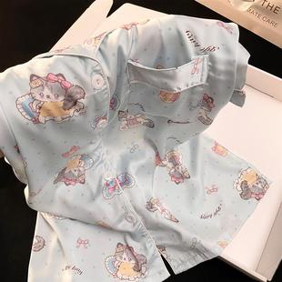 卡通可爱高级感家居服套装 蓝色哈基米冰丝睡衣女夏季 短裤 新款 短袖