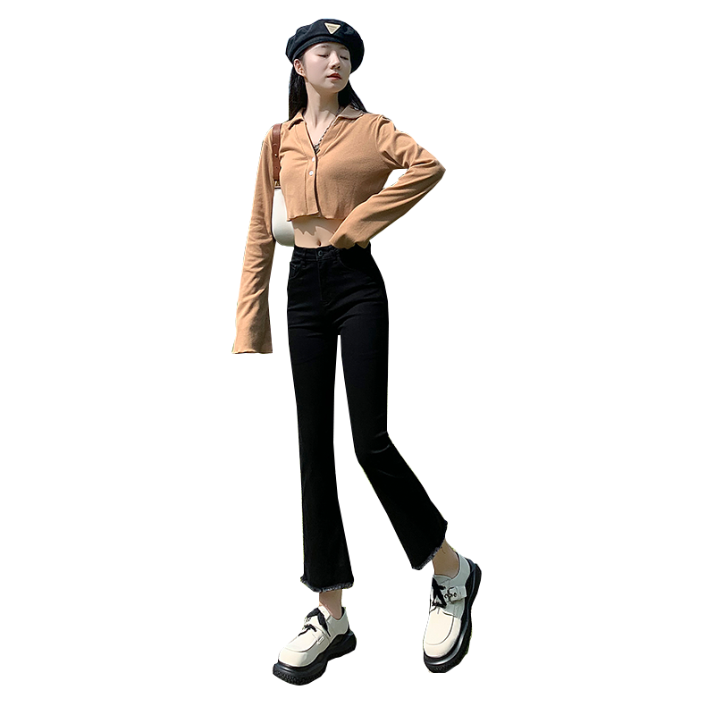 黑色微喇牛仔裤女小个子2025新款春秋高腰显瘦喇叭裤秋冬毛边裤子
