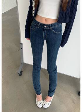 蓝色紧身牛仔裤女中腰小脚铅笔裤