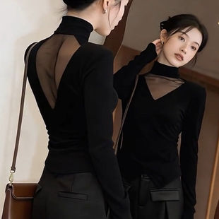 2026纱网镂空半高领德绒长袖T恤打底衫女早春秋冬季修身大码上衣