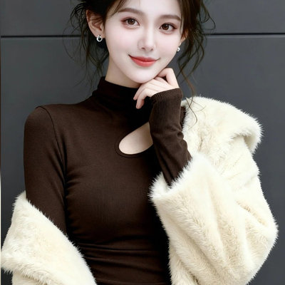 德绒半高领镂空长袖打底T恤女