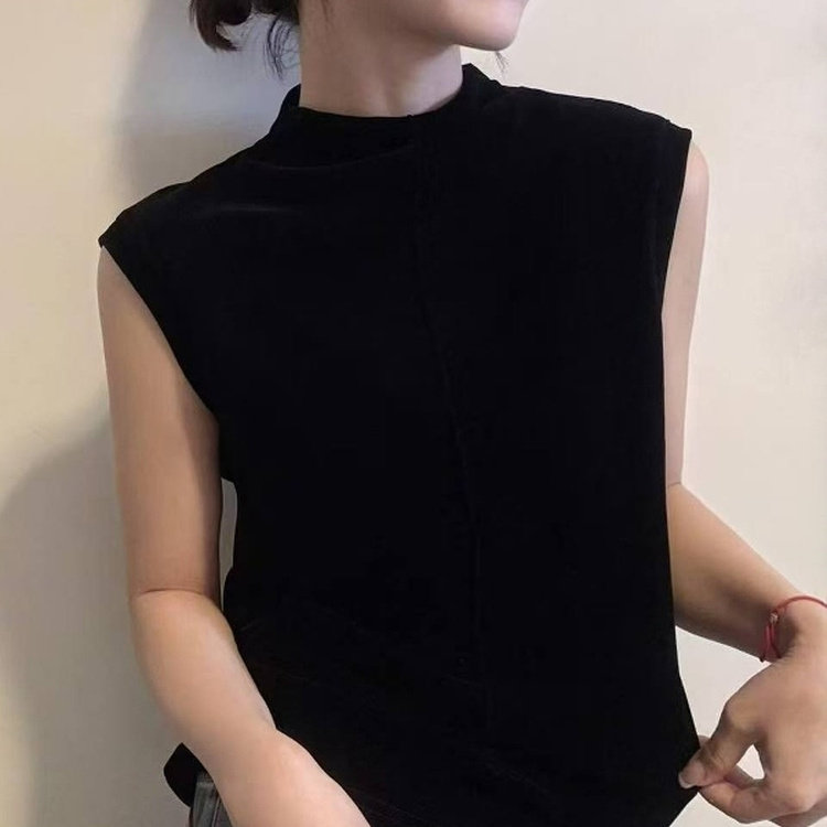 欧洲站金丝绒半高领无袖T恤打底衫女内搭秋冬季修身显瘦大码上衣