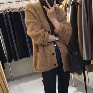 秋冬100%纯羊毛衫女V领针织开衫宽松毛衣上衣加厚中长款外套外搭