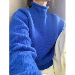 2025新款100%纯羊毛衫女高领加厚宽松克莱因蓝毛衣针织短款上衣潮