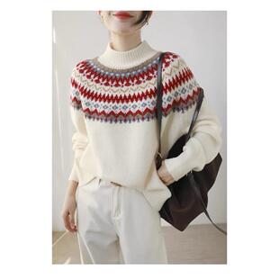 100%纯羊毛衫女费尔岛提花半高领宽松加厚毛衣针织短款上衣打底